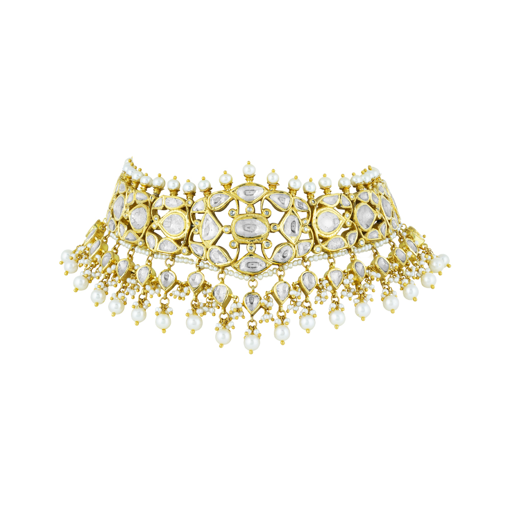 Polki Lattice Choker with Gold Framing & Pearl Cascades